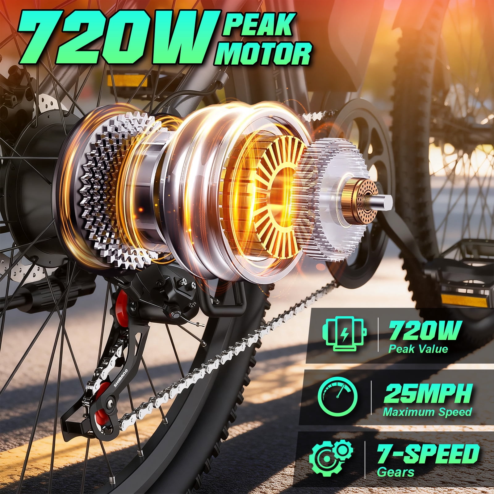 Electric Bike for Adults, 26" Commuter Ebikes with 7-Speed Gears, 25MPH, 720W Peak Motor, Removable Battery, 50 Miles Range, Electric Mountain Bicycle for All Terrain UL2849