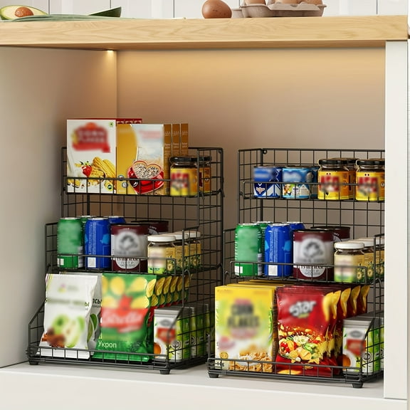 3Tier Heavy Duty Metal Wire Snack Organizer Rack- Adjustable Shelves Tilting Design Space Saving Pantry Storage for Kitchen Cabinets Countertops Bathroom, Multi Purpose for Spices Canned Goods Coffee