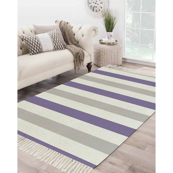 Purple Grey Striped Large Area Rug 4x6ft Woven Runner Rug,Geometric Vertical Stripes Minimalist Washable Living Room Bedroom Kitchen Bathroom Classroom Carpet with Tassels,Indoor Outdoor Door Mat