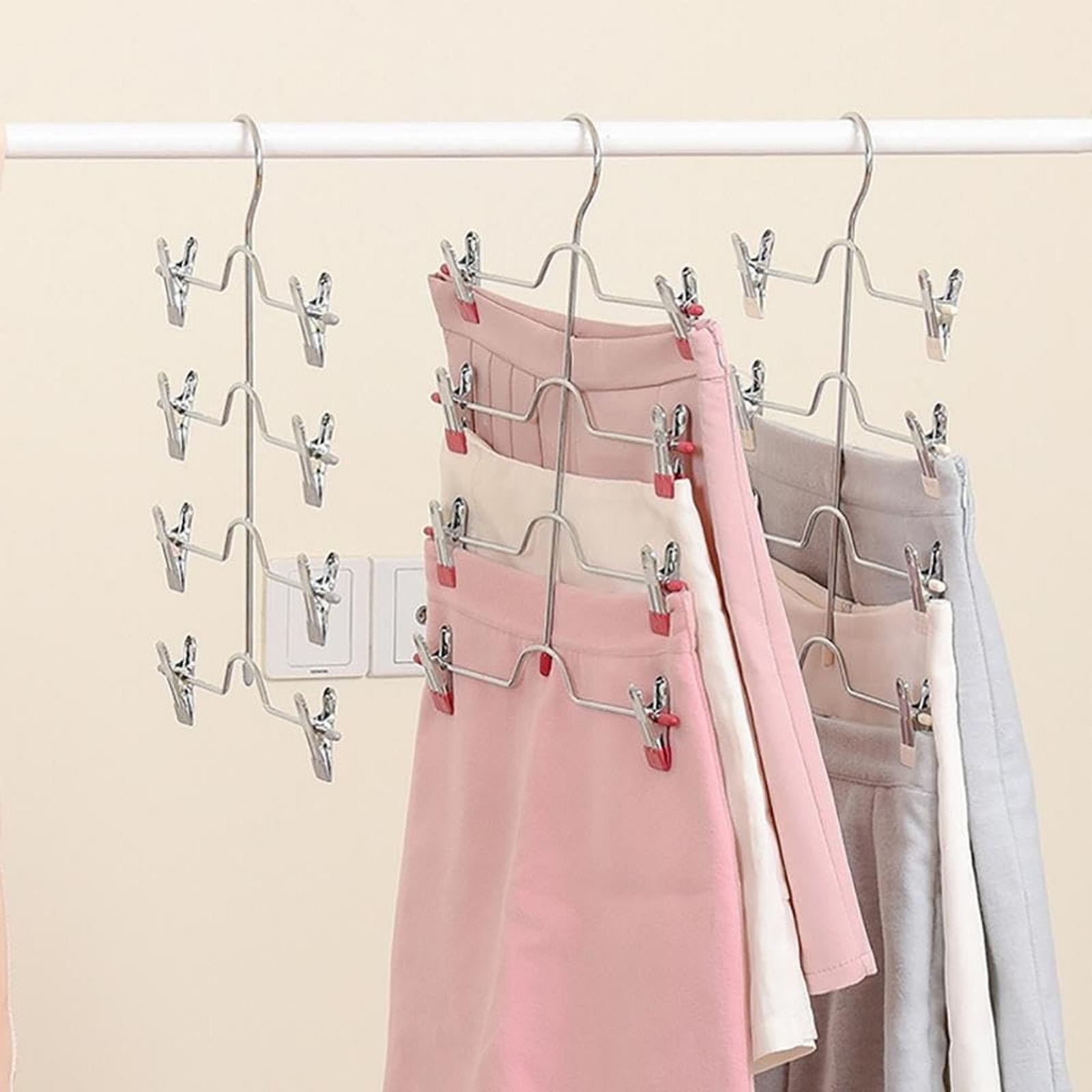 4 Tier Metal Skirt Hangers for Women, Pants Hanger Space Saving with Adjustable Clips, Gain 70% More Space, Non Slip Grip for Slacks, Trousers, Shorts, Jeans, Towels, 13.0x14.96"