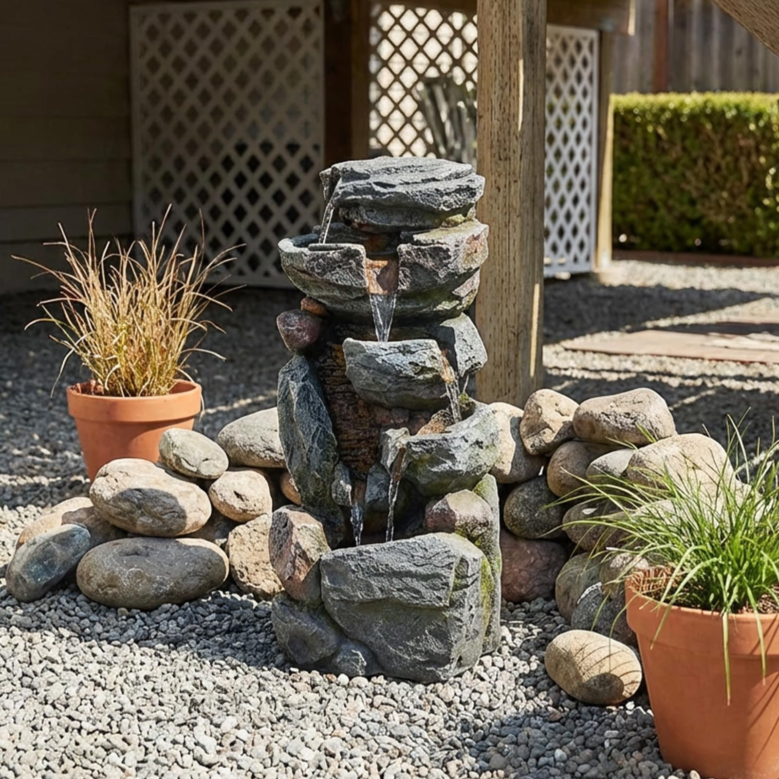 Rock Water Fountain Outdoor 6-Tiers Waterfall Fountain with LED Lights for Garden, Living Room, Patio, Home Decor