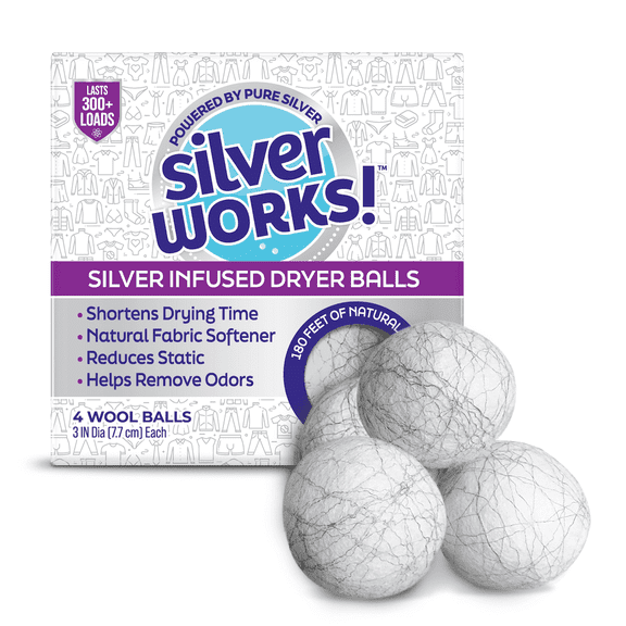 SilverWorks! Wool Dryer Balls Laundry Reusable - Odor Eliminating Dryer Laundry Balls with Silver Technology - Natural Fabric Softener and Static Reducer, Reduce Drying Time and Energy Costs - 4 Pack