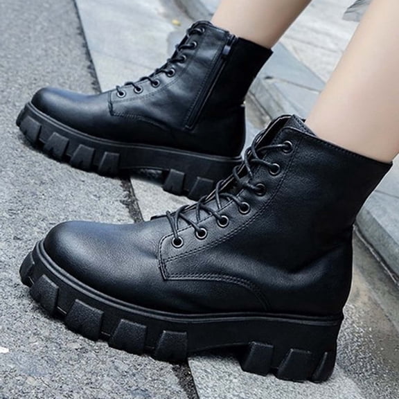 JUSLIO Winter Boots for Women,Platform Boots Solid Color Lace Up Fashion Casual Slip on Comfort Round Toe Womens Boots