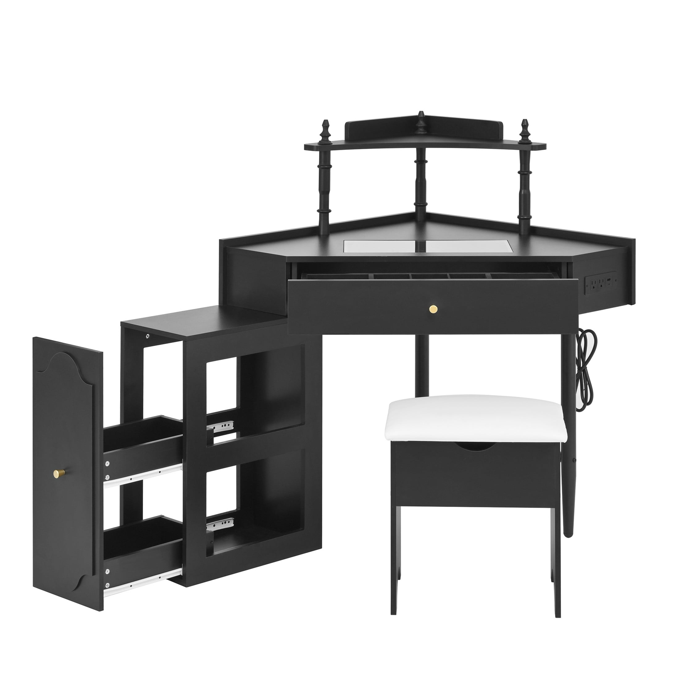 Noble House Corner Vanity Desk Set with Charging Station, Makeup Table and Storage Stool, Black
