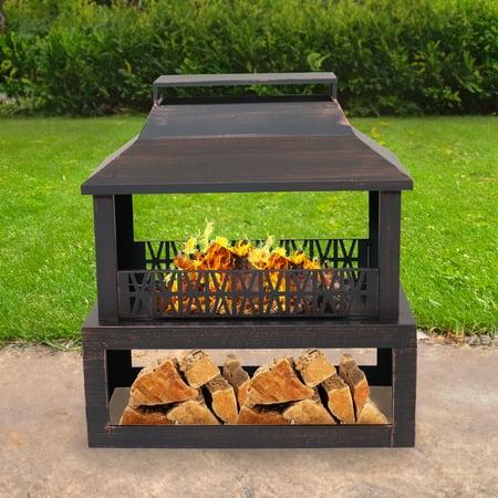 Sunnydaze Backyard Blaze 29" Rectangle Bronze Finish Steel Outdoor Fireplace with Log Storage