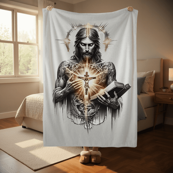 1pc Christian Religious Flannel Blanket - God & cross & book design - Soft Lightweight Blanket Gifts for Women Men
