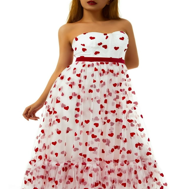 PENGXIANG Tulle Imprimé Coeur de Saint-Valentin Robe Sans Manches Dos Large Épaule Maille Robes Bouffantes