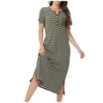 thumbnail image 2 of Lovskoo 2024 Womens Cotton Nightgown Long Loungewear V Neck Striped Nightshirt Sleepwear Full Length Side Split Sleepshirt with Pockets Olive Green, 2 of 8
