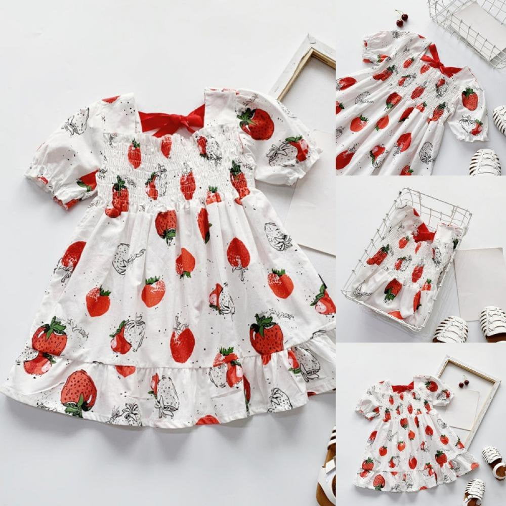 Toddler Baby Girls Puff Sleeve Dresses Strawberry Pattern Dresses Bow Dress Walmart