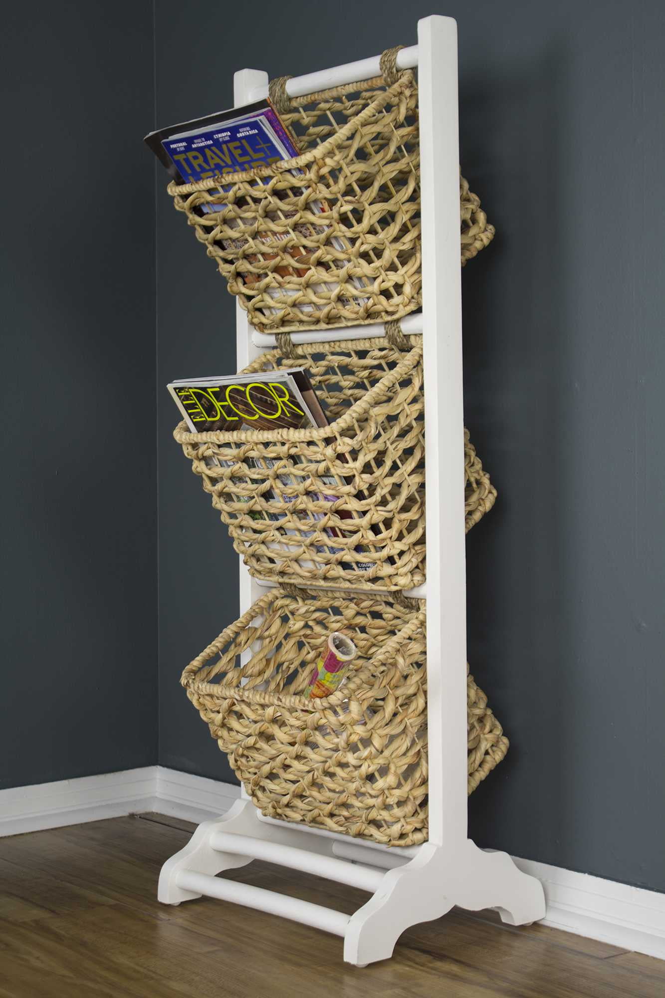 walmart wood rack on 42 25 White Wood Magazine Rack With 3 Hyacinth Storage Baskets Walmart Com Walmart Com