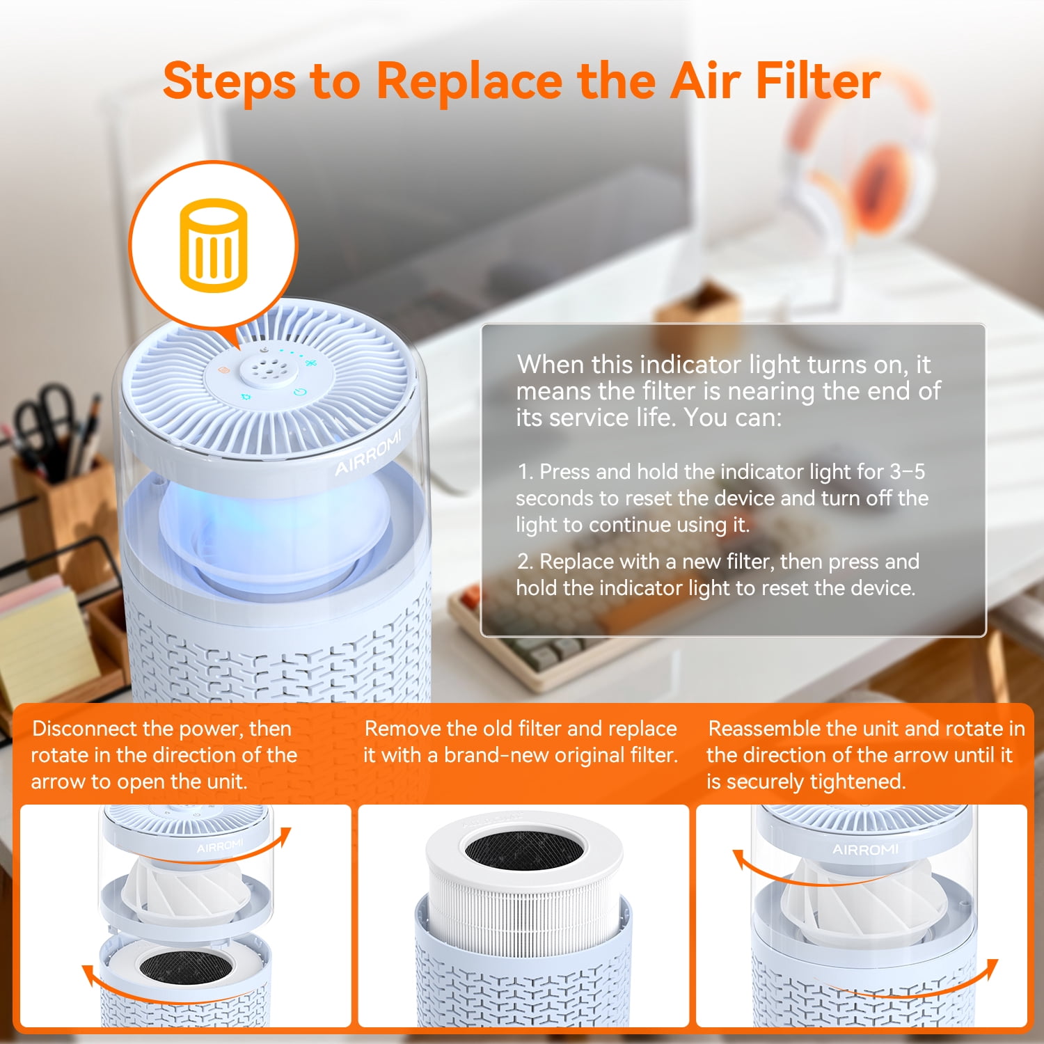 AIRROMI AIRROMI A2002 Air Purifier - For Large Rooms up to 660 sq ft - True HEPA Filter for Efficient Dust & Germ Removal - Built-in Aromatherapy Diffuser & Soft Night Light for Better Sleep Blue