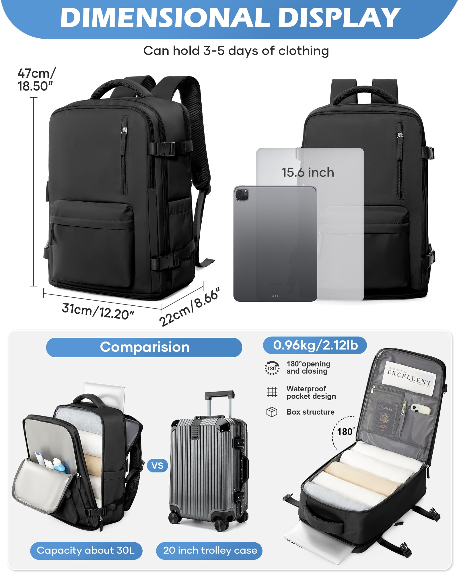 Large Travel backpacks for Adults, Flight Personal Carry on Backpack for Women Men, Approved Airlines Back Pack Carry-ons Mochilas de Viaje, Waterproof Luggage Laptop Backpack Black