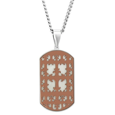 Men's Stainless Steel Brown Cross Dog Tag w/Curb Chain, 24-Inches