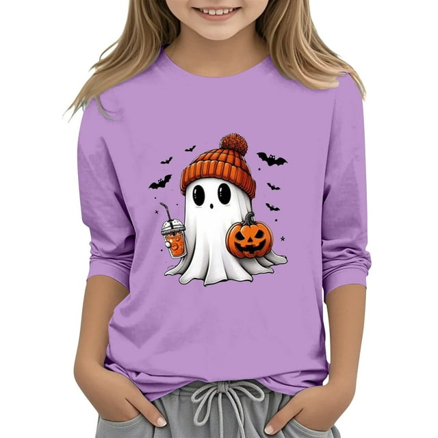 XQYLOS T-Shirt Mignon Festif pour Filles Haut Enfants Jeunes Décontracté Halloween Imprimé 2D Col Rond Manche Trois Quarts Tee T-Shirt Haut Automne Automne Vêtements Mode