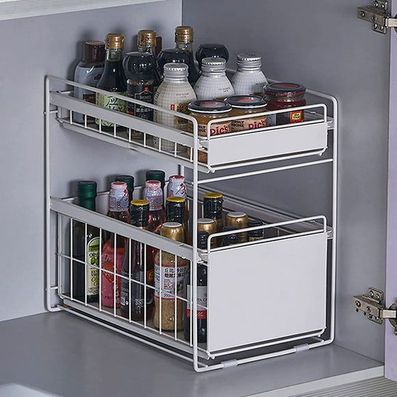 Under Sink Organizer 2 Layers Can Be Pushed and Pulled Under The Sink Shelf Non-Slip Multifunctional Countertop Kitchen Storage Cabinet Basket Organisers,White,B
