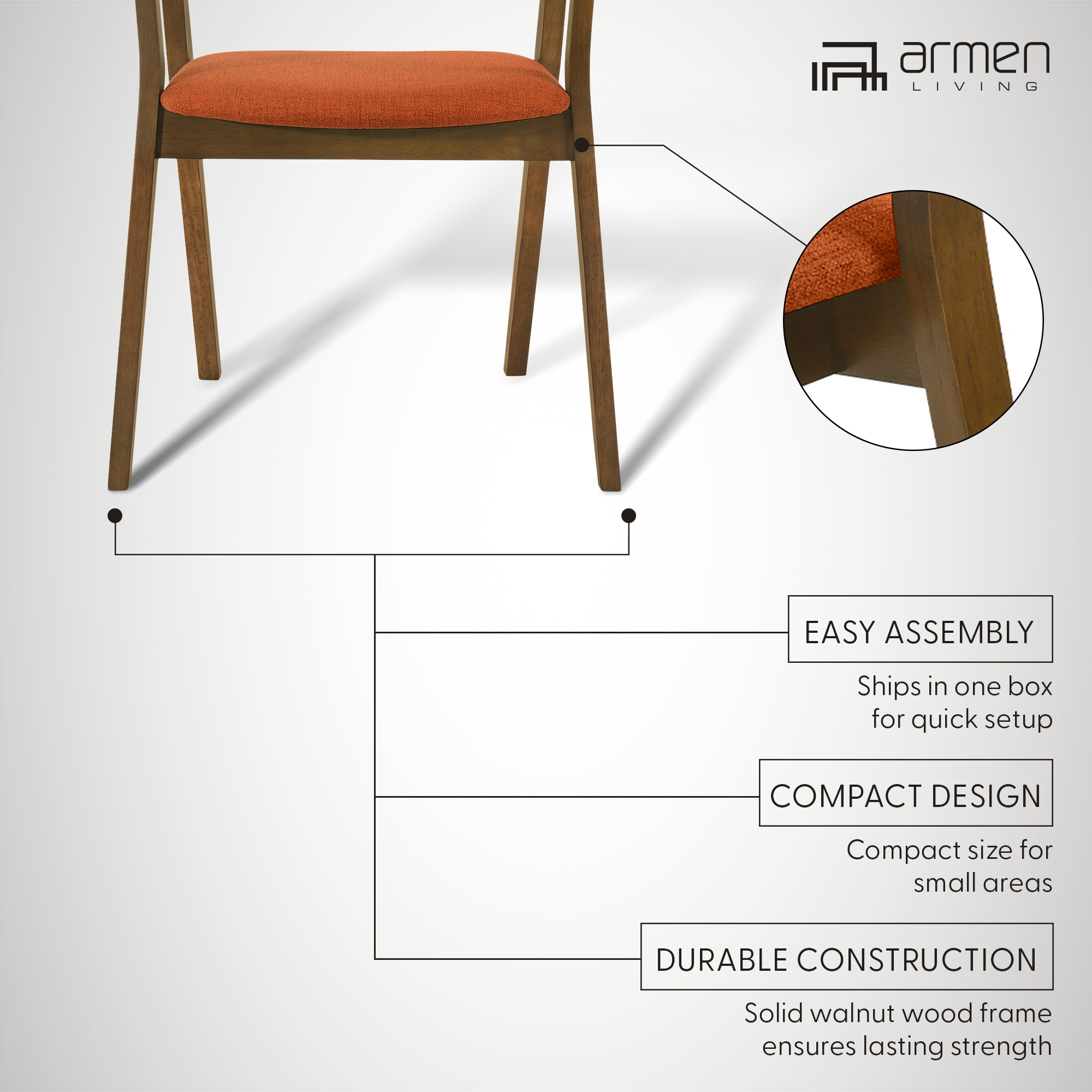 Santana Wood Dining Chair in Walnut Finish with Orange Fabric - Set of 6