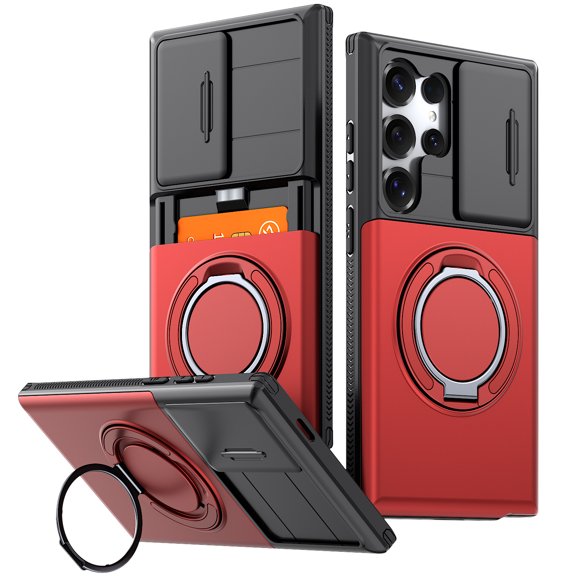 Moreoy Magnetic Kickstand Wallet Case for Samsung Galaxy S24 Ultra with Sliding Camera Lens Cover, Hidden Card Holder Slot, Rotatable Ring Stand, Heavy Duty Drop Protection Bumper Phone Cover,Red