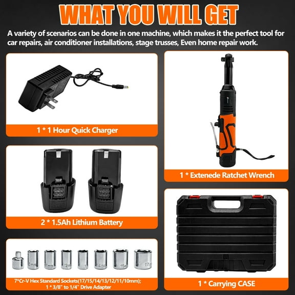 iMeshbean 3/8 Cordless Electric Ratchet Wrench Kit 45Ft-lbs Extended Head 2 Battery&Socket