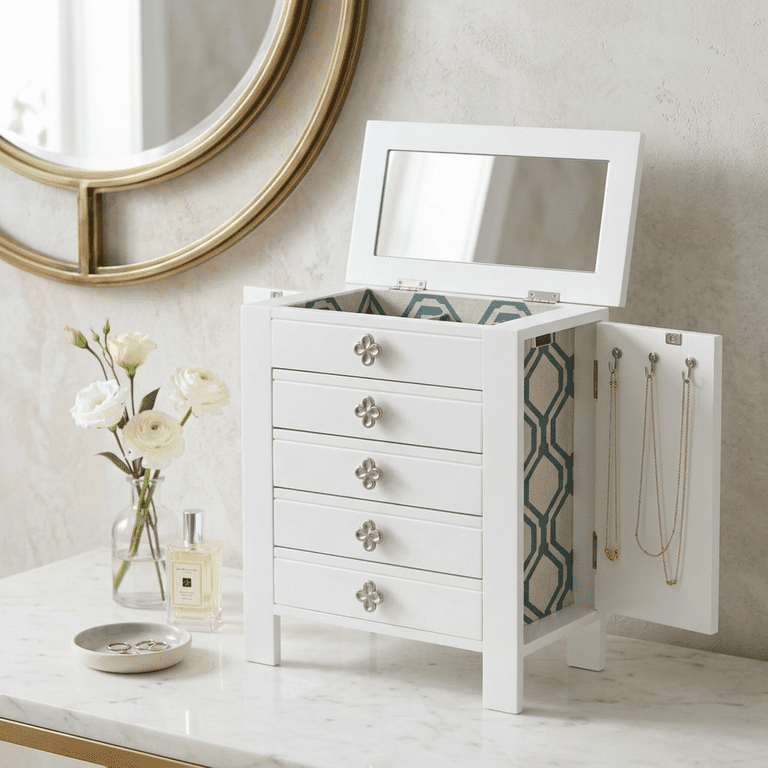 Hives and Honey Emma Wood Jewelry Chest, Modern White, 4 Drawers