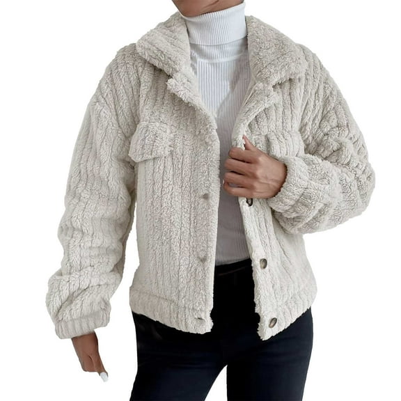 ❄ Baqcunre Womens Coats, Women's Long Sleeve Sweatershirt Pullover Warm Plush Coat Top Snow Coat Jacket Outwear No Pocket with Button, Womens Jackets Winter 1PC Coat Beige L