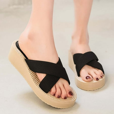 

Summer Ladies Grass Slippers High Heel Beach Shoes Cross Strap Slippers