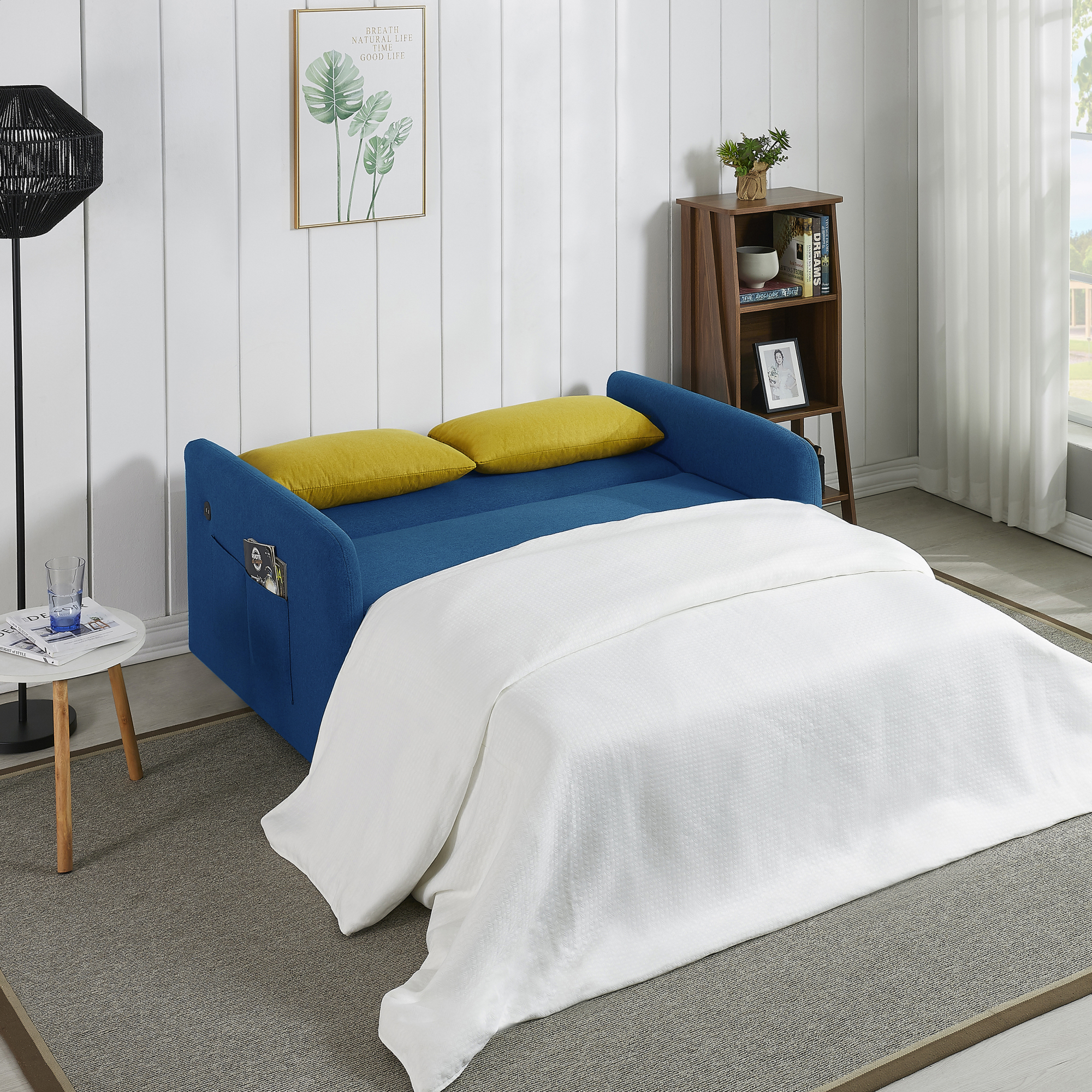 3 in 1 Convertible Sleeper Sofa Bed with Pull Out Bed ,Modern Linen Fabric Upholstered Loveseat Sofa Couch with 2 Pillows and Adjsutable Backrest,Retro Blue
