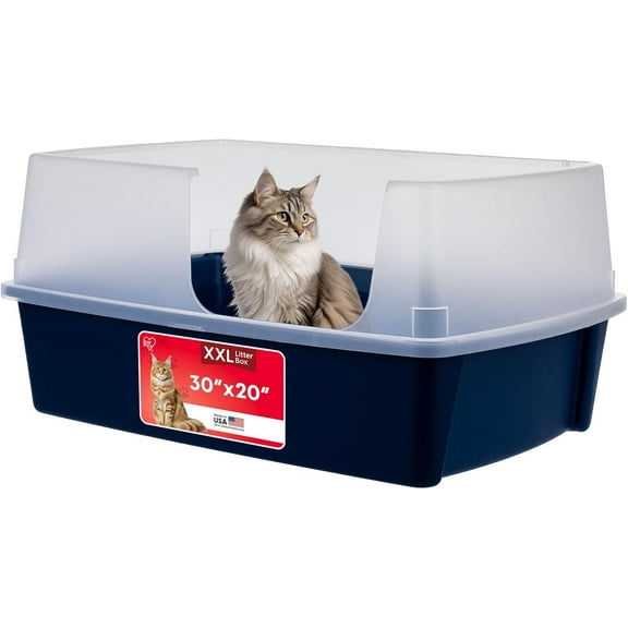 IRIS USA XX-Large Side Entry Cat Litter Box Open Top with High-Sided Scatter Shield, Easy to Clean, 30" L × 20" W × 14" H, Navy