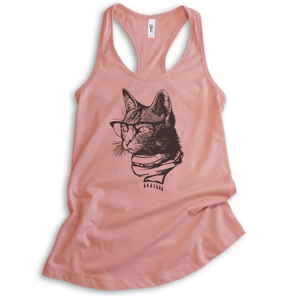 Hipster Cat Tank Top, Ladies Racerback Tank Top, Cat Lover Tank, Cat Glasses Tank, Nerd Tank, Cat Mom Tank, Desert Pink, Large