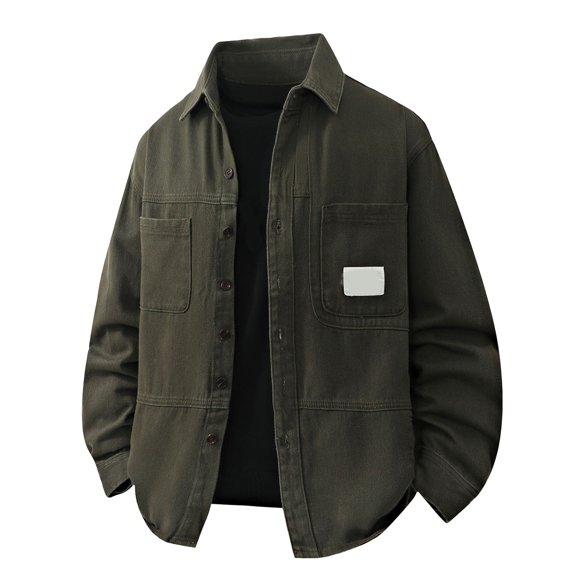 Workwear Style Denim Jacket with Contrast Panels Notched Collar Loose Fit Casual Coat for Everyday Wear Army Green L