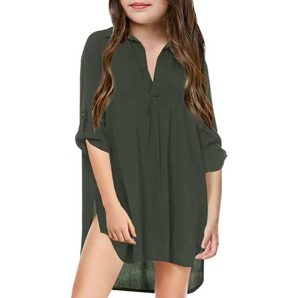 YOUSNH Cache-Maillot de Bain pour Fillette, Chemise en Mousseline, Bikini, Tenue de Plage, Maillot de Bain, Robe de Plage, Paréo de Bain, Hauts pour Filles, Vert Armée, 8-9 Ans