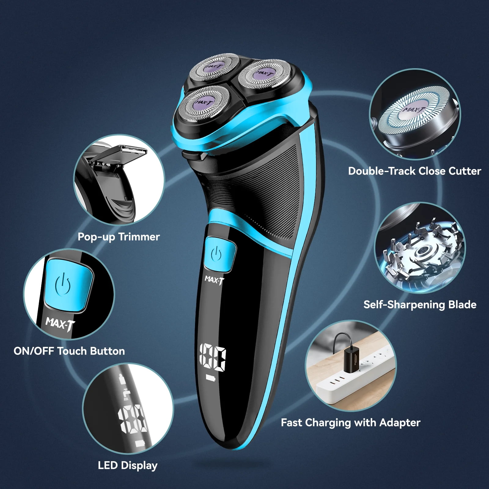MAX-T Electric Razor for Men, USB-C Fast Charge 1H/120Min, IPX7 Waterproof Wet Dry, Pop-Up Beard Trimmer, 3D Floating Head, LED Display, Gift for Men, Blue