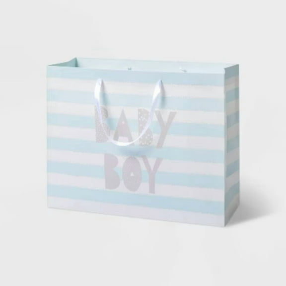 Medium Striped Baby Shower Gift Bag - Spritz: Blue Baby Boy Gift Bag, 10" x 12.75", Paper, Stripes