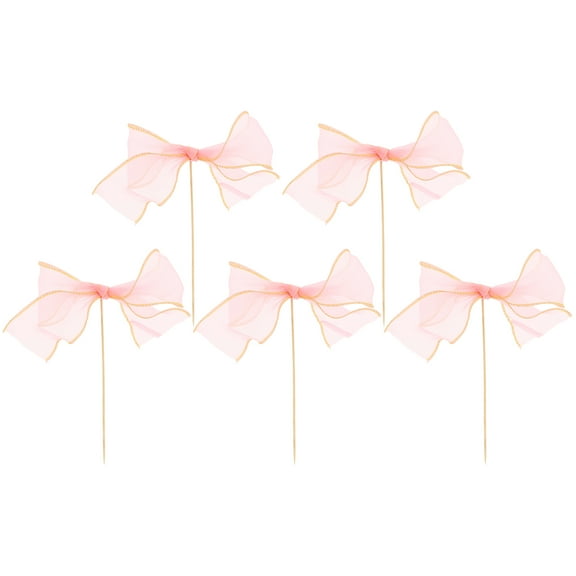 Soimiss 5Pcs Cupcake Toppers with Bow Pink Netting Bow Cake Decorations for Bridal Party
