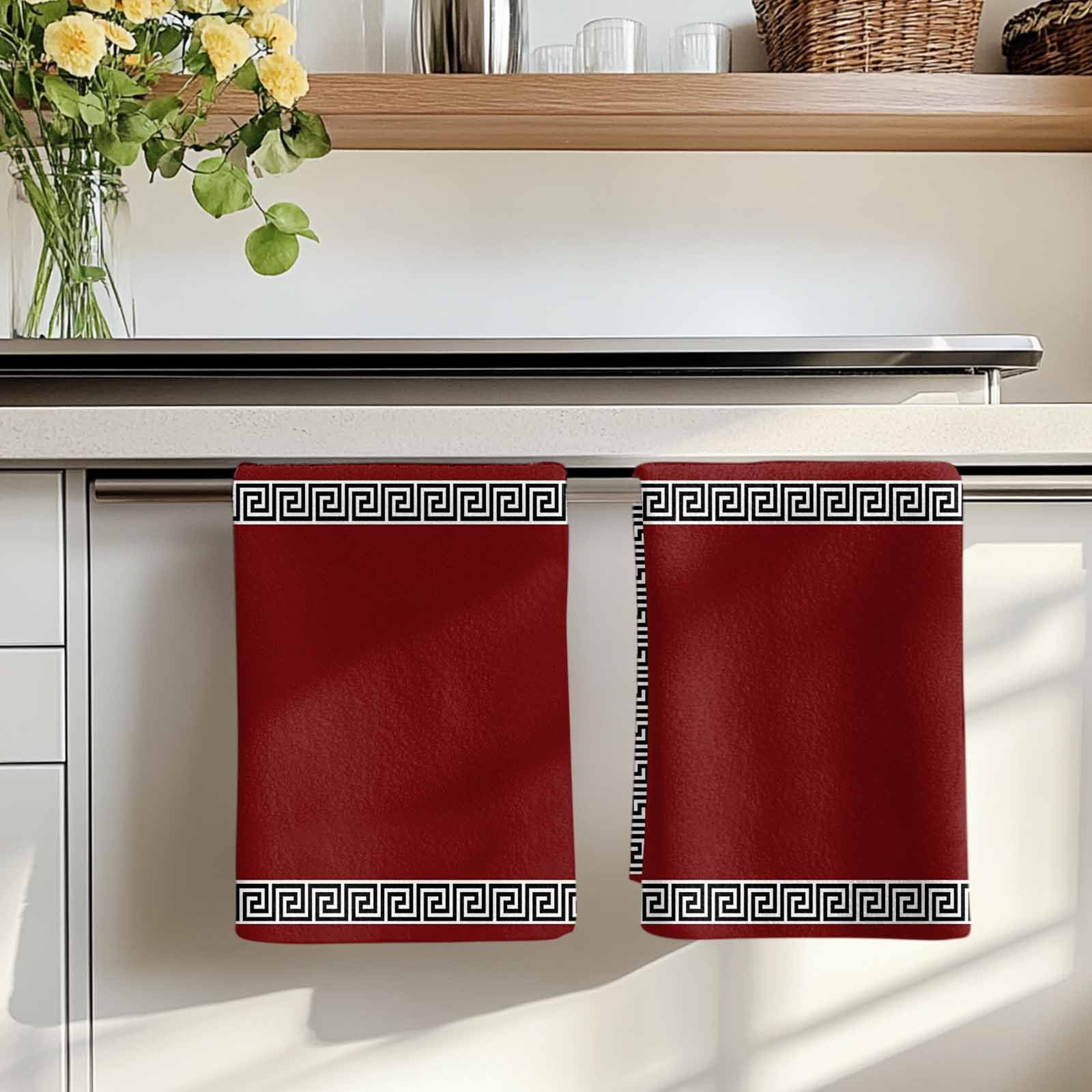 Dish Towels, Geometric Greek Key Design Absorbent Kitchen Towels 2 PCS, Red Microfiber Hand Towels Dish Cloths Tea Towels for Home&nbsp;Bathroom Cleaning Drying,18X28-Inch,