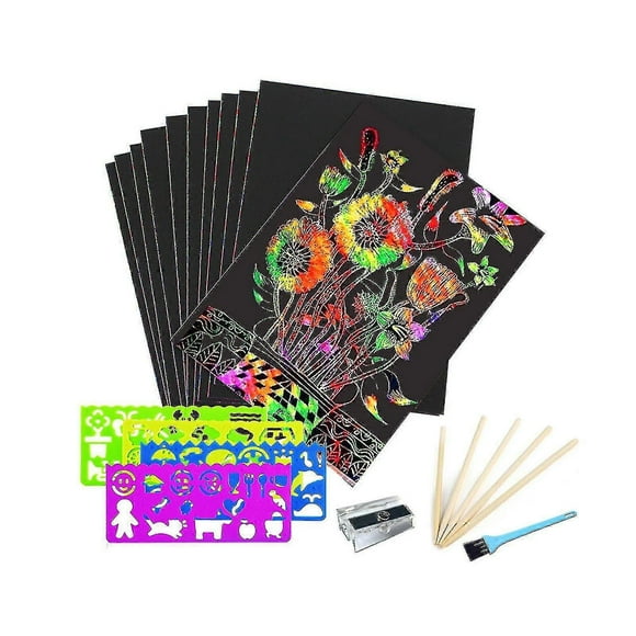Scratch Art Paper, 50pcs Magic Rainbow Scratch Paper And Crafts Kit, Black Sketch Off Paper With 4 Drawing Templates And 5 Wooden Stylus For Boy And G