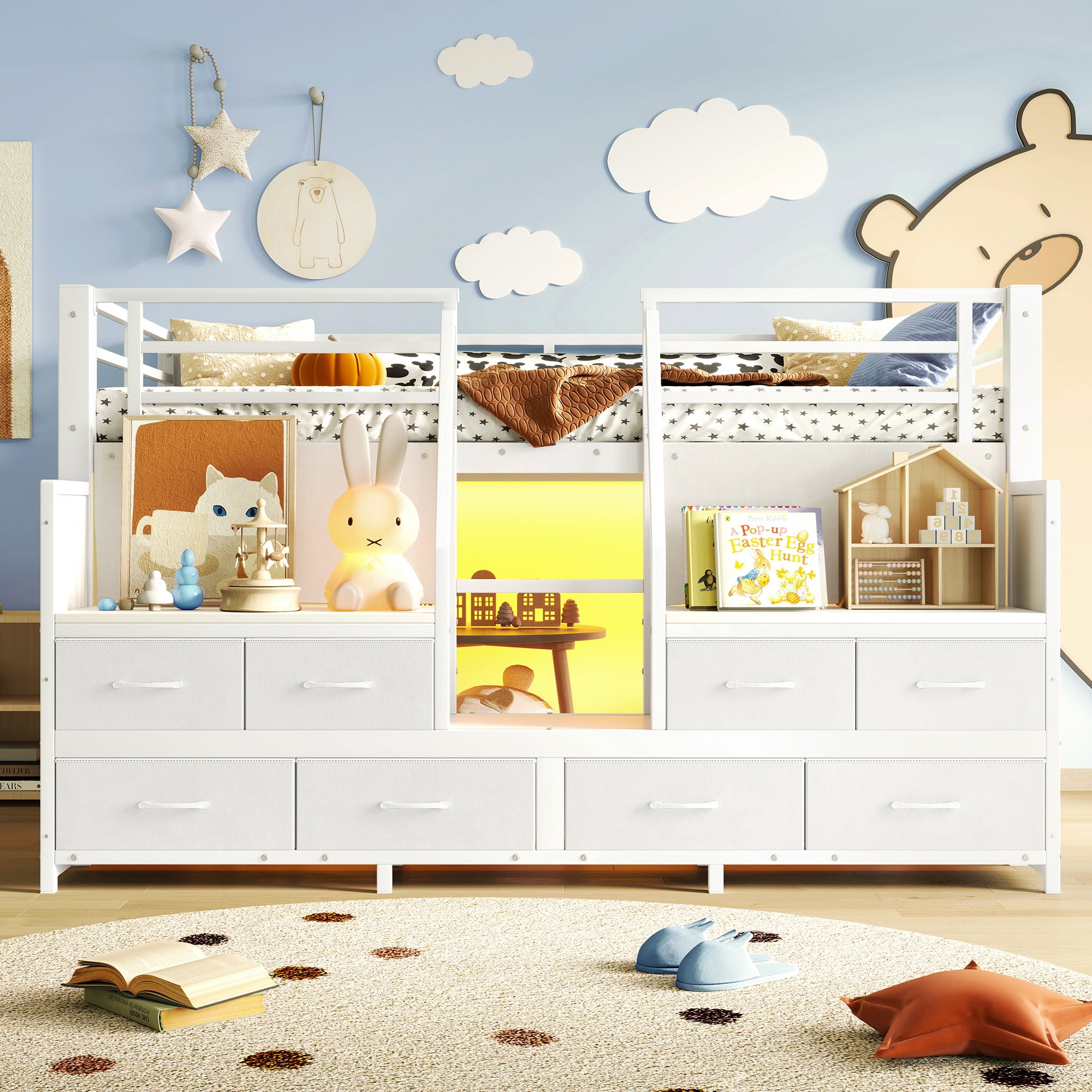 Leumius Twin Size Loft Bed with Multi-storage Spaces,Metal Low Loft Bed with Storage Drawers, Shelves,LED Lights and Independent Spaces Under Bed,No Box Spring Needed,Light White