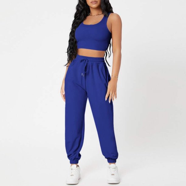 Conjuntos cortos de 2 piezas para damas Color sólido Algodón Traje deportivo Chaleco Camisa Pantalones largos FLhrweasw Nuevo