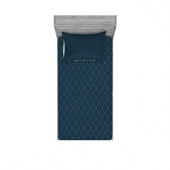 Ambesonne Abstract Fitted Sheet & Pillow Sham Set, British Tartan Style, Twinxl, Blue Black White