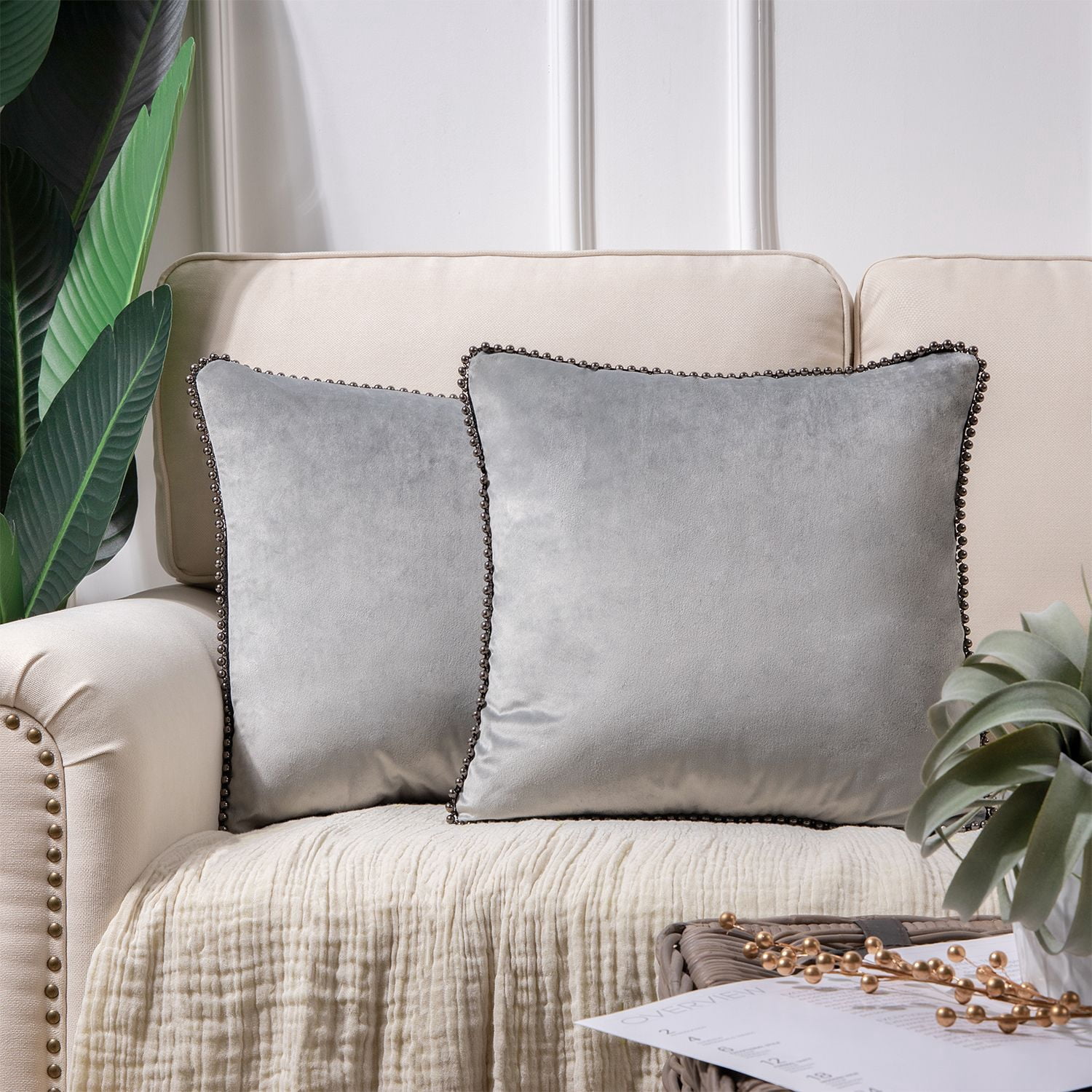 Phantoscope Velvet Decorative Throw Pillows with Inserts, Particle Trim, 18 x 18 in, Dark Gray, 2 Pack