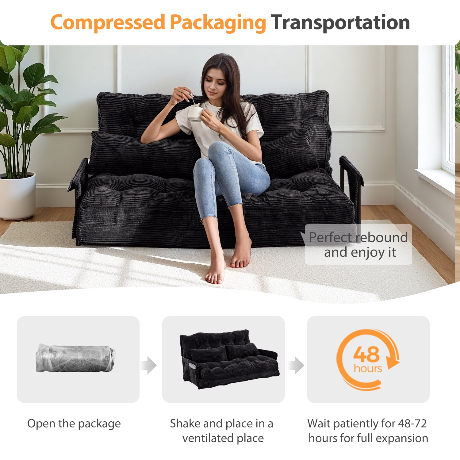 GOODONE Convertible Floor Sofa,Bean Bag Sofa with Pillows,Multifunctional Lazy Sofa with Pillows,Adult Reading Chair,Suitable for Bedroom or Living Room,Black,Loveseat