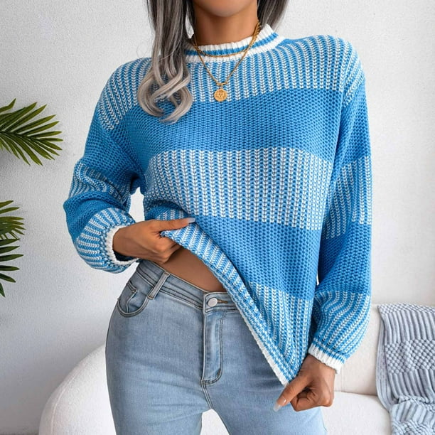 Suéter de cuello redondo para mujer, color liso, manga larga, cuello redondo, poliéster