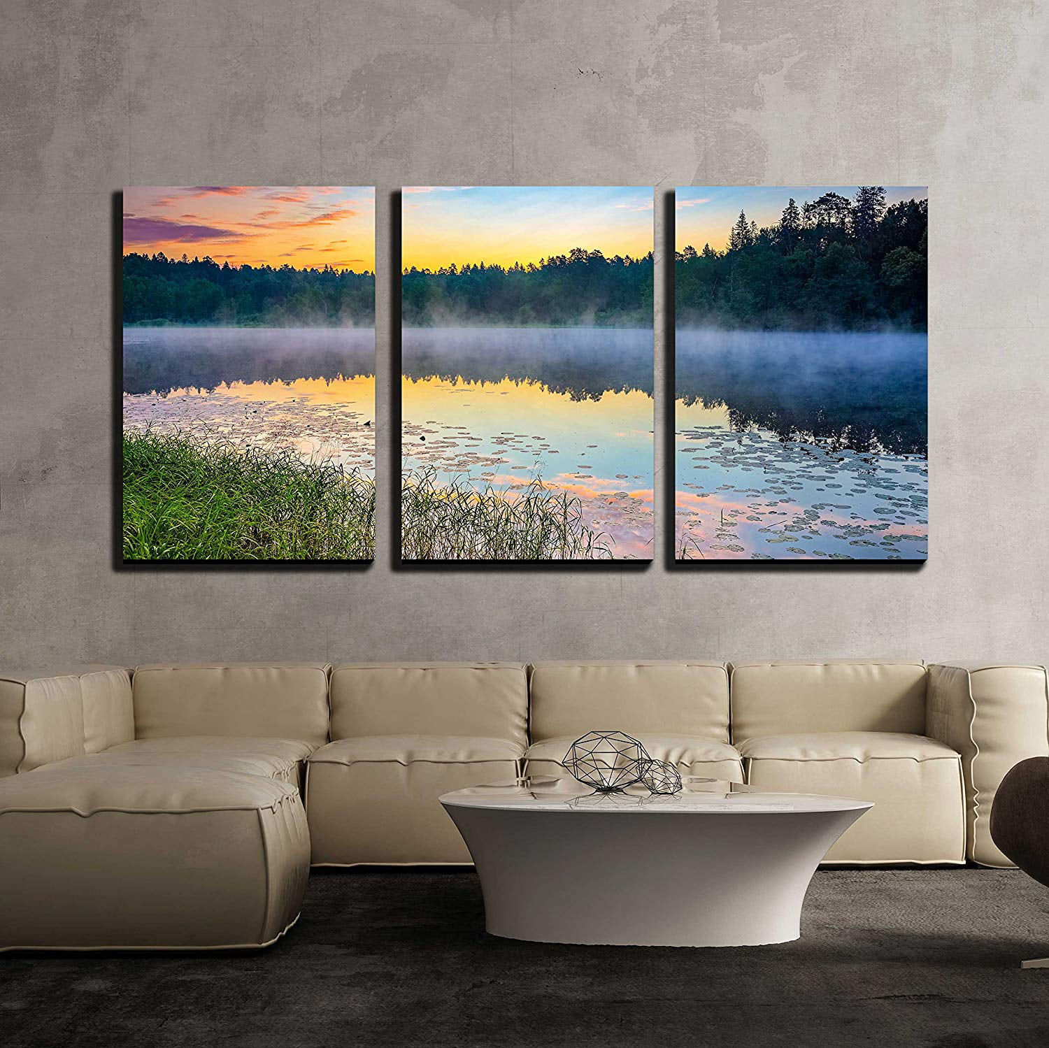 Wall26 3 Piece Canvas Wall Art - Foggy Sunrise over Forest Lake ...