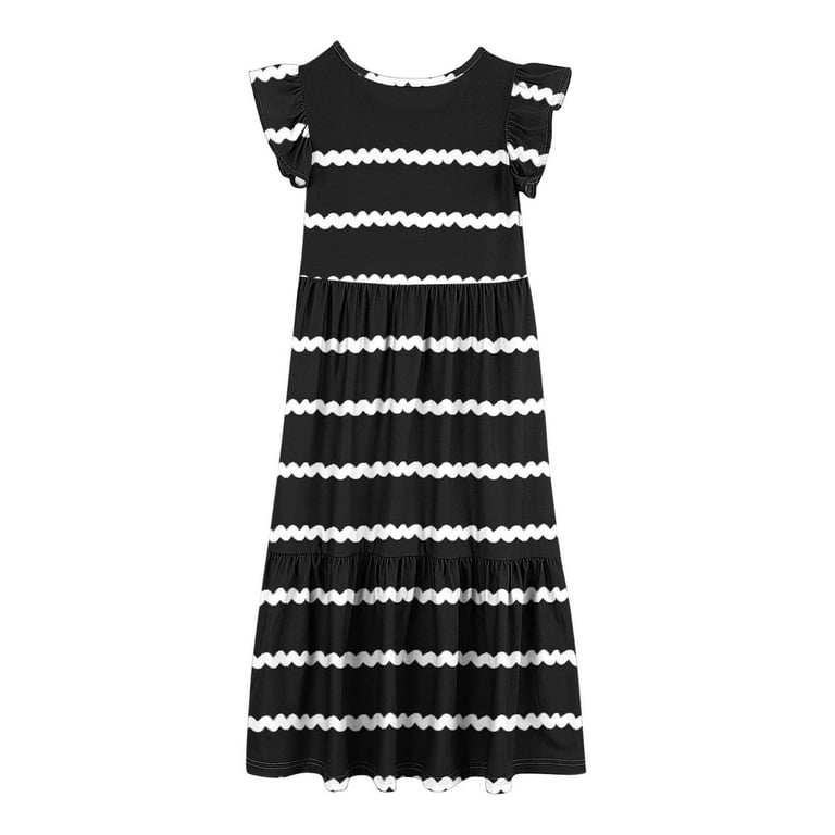 Spazoro Kids Girls Dresses, Short Sleeve Striped Fashion Round Neck  Princess Dress for Child Girls Black Size 9-10T - Walmart.com