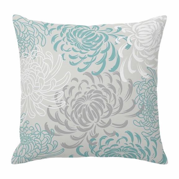 Aqua Grey Chrysanthemum Pillow Covers 18x18 Inch, Farmhouse Botanical Floral Modern Linen Pillowcase with Invisible Zipper, Decorative Throw Pillow Covers Cushion Case for Couch Sofa Bed Living Room