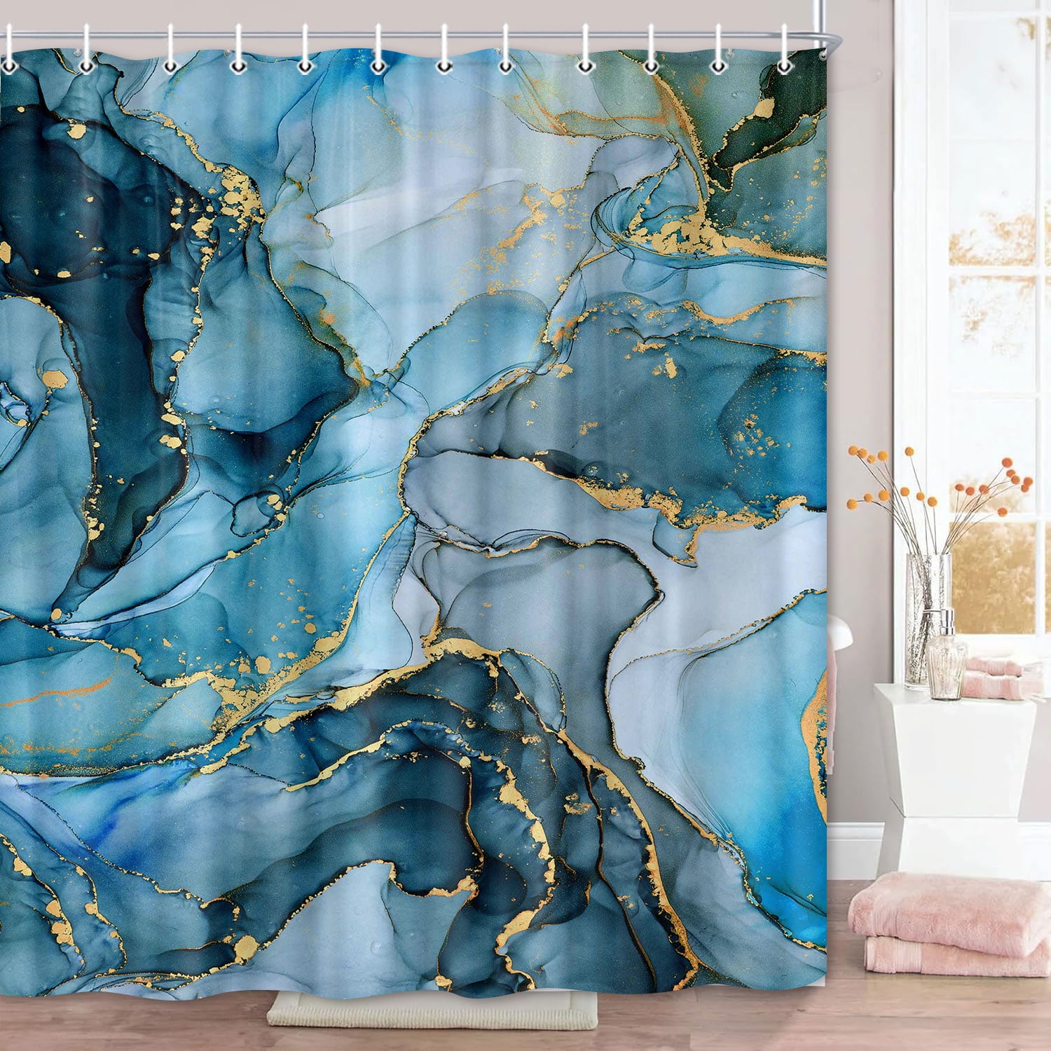 Blue Marble Bathroom Shower Curtain Set with Hooks 69X75in