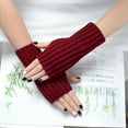thumbnail image 4 of Xfvqtps Fingerless Gloves for Womens Thumb Hole Wrist Stripe Knitting Crochet Solid Color Fashion Windproof Thermal Warm Winter Mittens Wine, 4 of 4