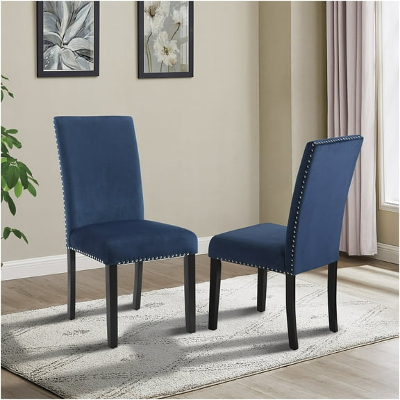 JERFIT Blue Velvet Dining Chairs Set of 2, Modern Parsons Upholstered Side Chairs with Nailhead Trim and Wood Legs for Kitchen, Dining Room