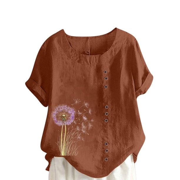 Vestidos Casuales Para Mujer, Blusas De Mujer De Moda Blusa informal de lino con cuello redondo y manga corta con botones para mujer, talla grande, estampada