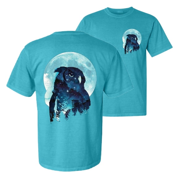 Wild Bobby, Creepy Winter Beach Night Owl, Animal Lover, Front and Back Garment-Dyed Short Sleeve Tees, Blue Lagoon, Small