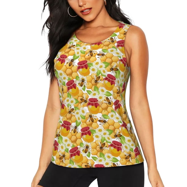 Fotbe Bees Honeycomb Jars Of Honey Flowers Blusas Sin Mangas para Mujer – Estilo Casual, Corte Suelto, Slim-Fit, Cuello Redondo Deportivo, Tops de Verano para Gimnasio y Yoga-X-Large